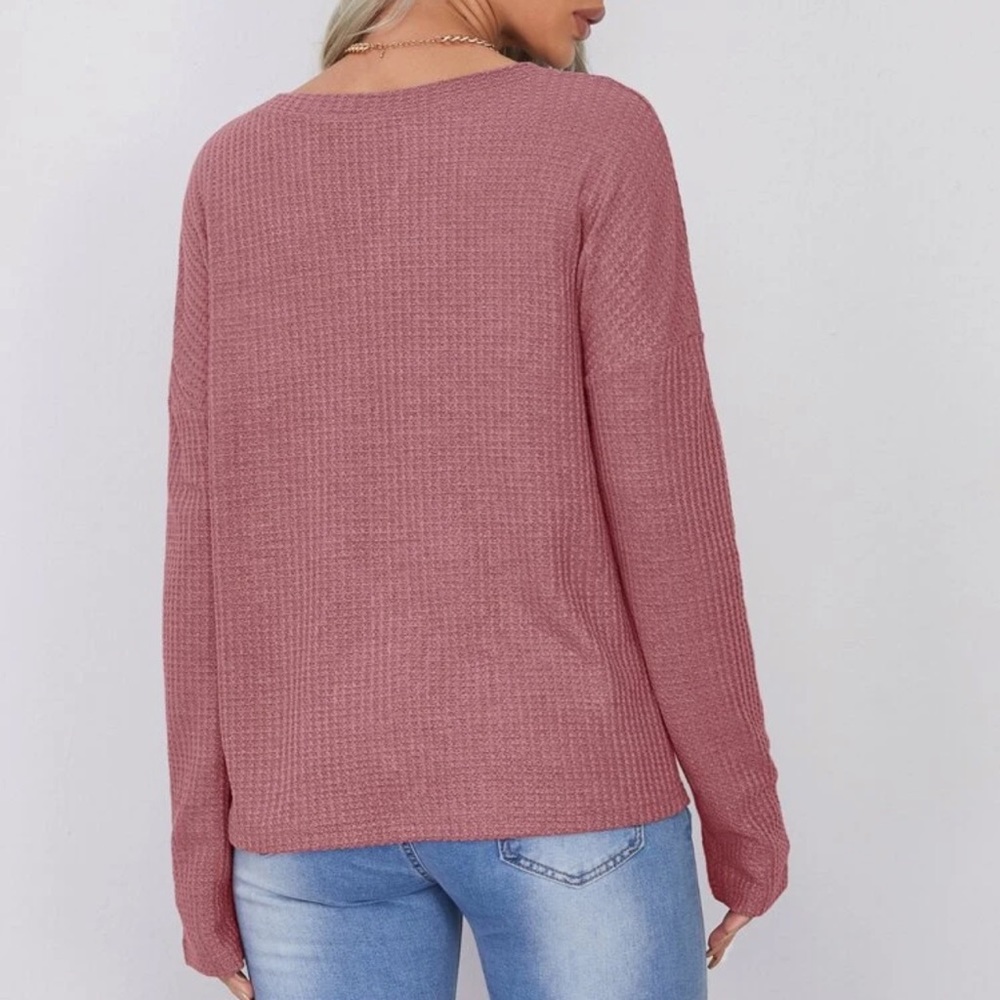 V neck waffle knit long sleeve tee shirt brown - Picture 7 of 14